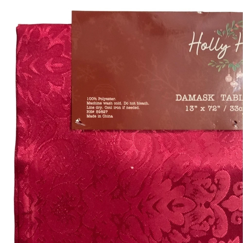 Christmas Silky Damask Table Runner Holly Homes Holiday Tassels Red 13 x 72 in